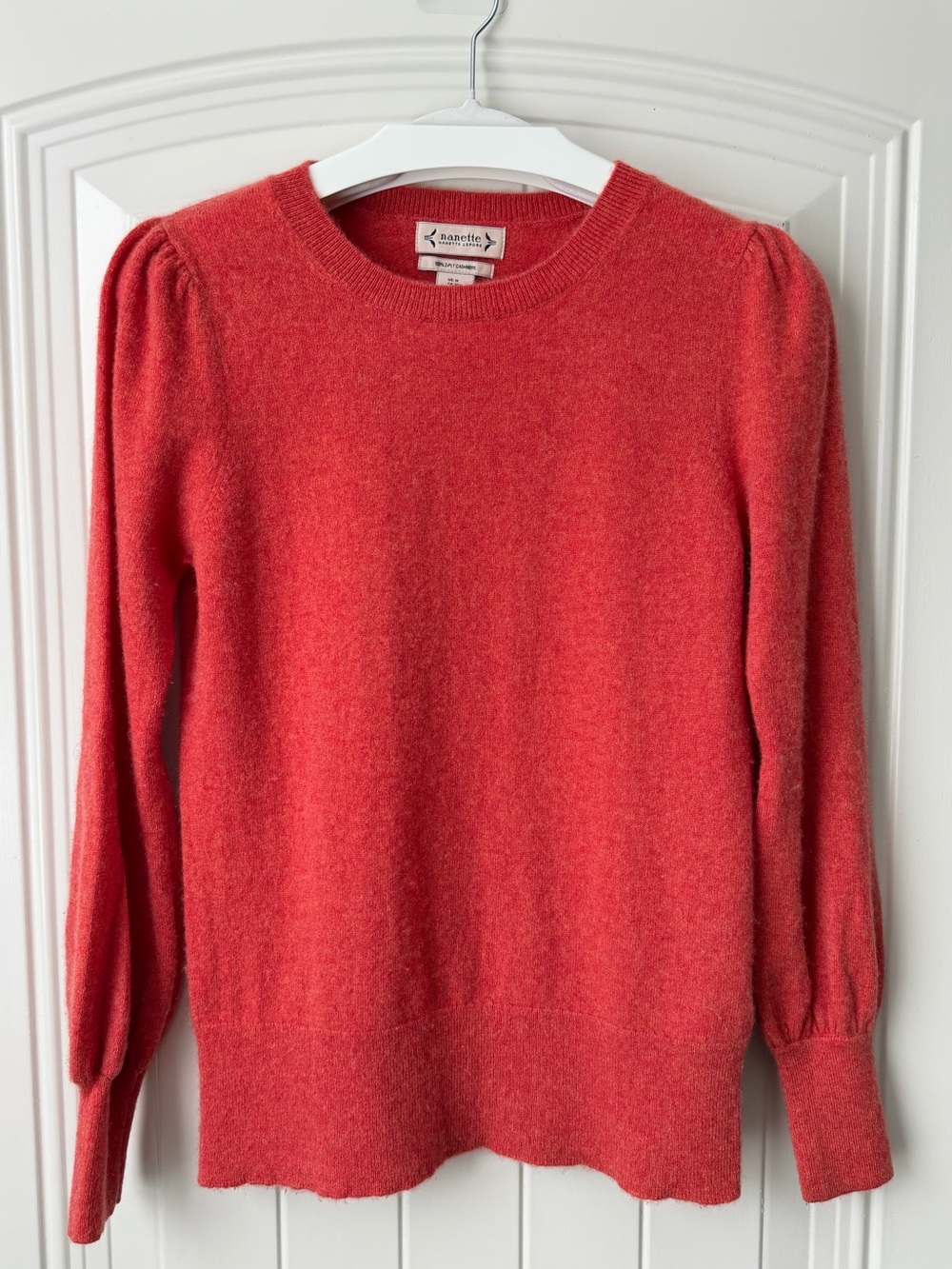 Nanette Lepore 100% Cashmere Puff Sleeve Crewneck Sweater Orange Red M